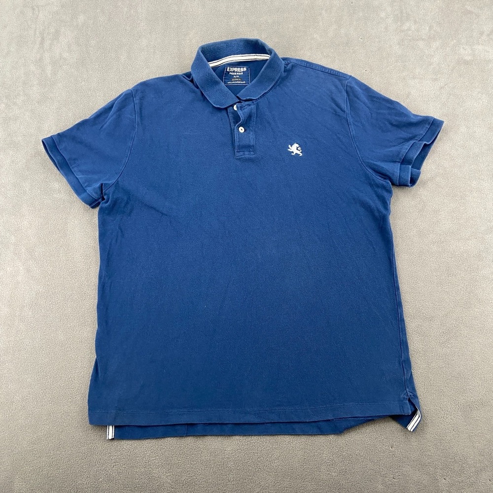 Express Pique Polo Shirt Mens XL Blue Logo Performance Modern Fit High Low Slit